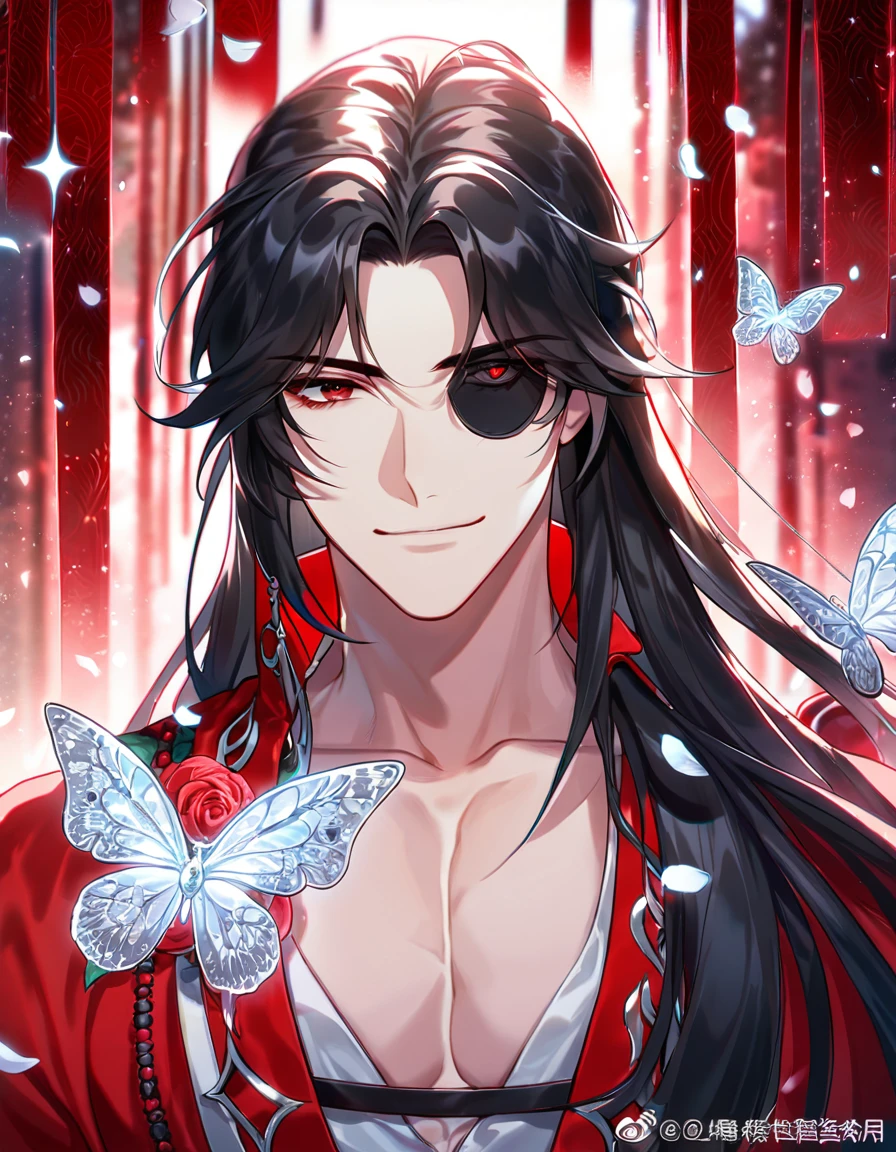 Ultra detailed, HDR, Highres, absurdres, master piece, Hua Cheng, black long hair, expressive red eye, black eye patch, Heaven Official's Blessing, glittering silver butterflies, petals, red clothes, red flowers, handsome, sexy man, toned chest, extremely detailed face and eyes, glittering, red forest, perfect face, best quality, red rain, smirking