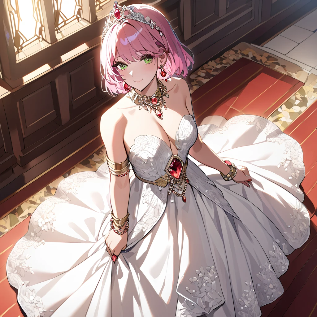 ((highest quality)), ((masterpiece)), (detailed), （Perfect Face）、（The woman was Lena, with short pink hair, a happy smile, and was getting married in a fancy church.、The woman is wearing a gorgeous jeweled wedding dress, a wedding veil, a gorgeous jeweled wedding dress skirt, an engagement ring, a gold jeweled tiara, a gorgeous head dress chain, a gorgeous jeweled necklace, gorgeous earrings, gorgeous bracelets, gorgeous ankle bracelets, a gorgeous jeweled waist chain, and an engagement ring.）