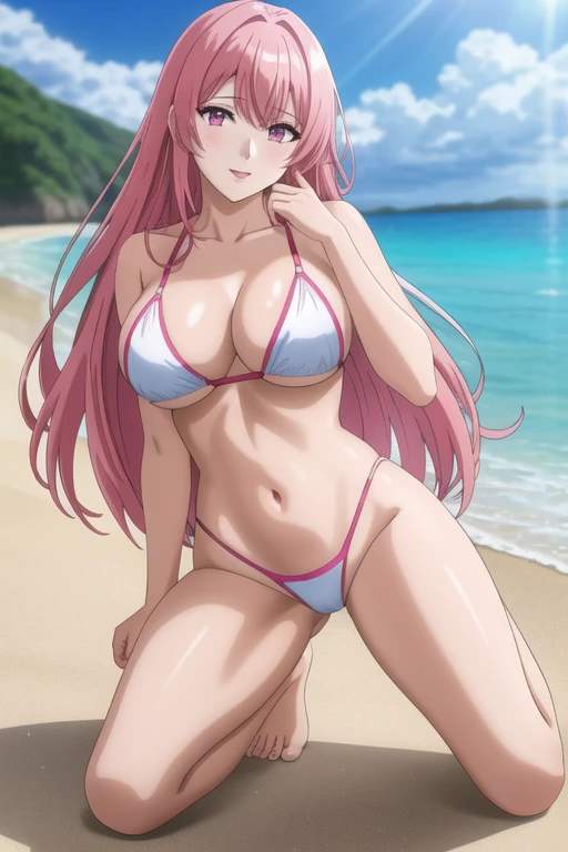 a beautiful young woman with long pink hair, pink eyes, no clothes, large breasts, slender waist, confident expression, in a full body pose, on a beach, 4k, 8k, highres, masterpiece, ultra-detailed, realistic, photorealistic, photo-realistic, HDR, UHD, studio lighting, ultra-fine painting, sharp focus, physically-based rendering, extreme detail description, professional, vivid colors, bokeh, portrait