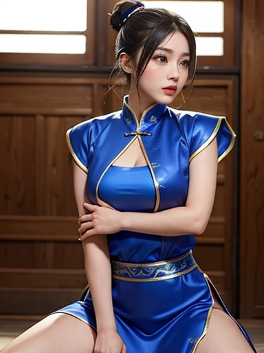 Chun-Li from Street Fight II,The perfect Chun-Li costume,Blue Chinese dress with gold lines,Bunhead,Good cover,Fighting Pose,masterpiece、1 beautiful girl、Beautiful Eyes、Puffy eyes、highest quality, 超High resolution, (reality: 1.4), Cinema Lighting、Japanese、Asian Beauty、Korean、so beautiful、Beautiful Skin、Body facing forward、Face close-up、(Ultra-realistic)、(High resolution)、(8k)、(Very detailed)、(Beautiful Eyes)、(Very detailed)、 (wall-)、Detailed face、Bright lighting、Professional Lighting、Looking at the audience、Look straight ahead、Diagonal bangs、Nogizaka Idol、Korean Idolasterpiece, highest quality, masterpiece, highest quality, Perfect Face, Perfect brown eyes with white sclera, Bad move -5, alone, 1 girl, Upper Body, Brown Hair, From SF2, Chinese Language Services, smile, Muscular woman, Blue clothes, pantyhose, Pelvic Curtain, Puff short sleeves, Good cover, sash, evaluation:safety