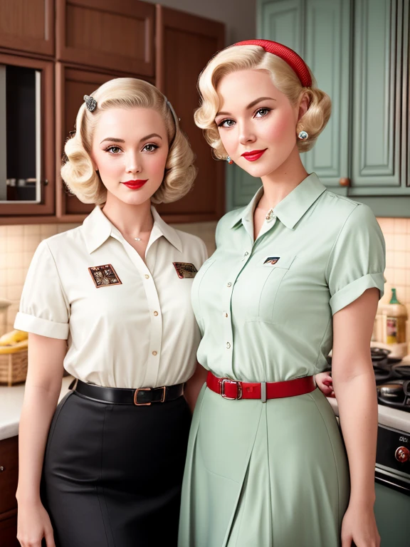 American fashion in the 1930s, (Pale green short-sleeved shirt and red skirt), (Upright Pin Curl Hairstyles), (Blonde Hair), (Kitchen Background), elegant, Very detailed, Retro pinup style、Digital Painting, Smooth,Charlie Bowter and Alexandra Fomina,8k,((Detailed facial features)),((Retro advertising illustrations)),8K Ultra HD,Digital SLR,Soft lighting,high quality,Film Grain,Fujifilm XT3,