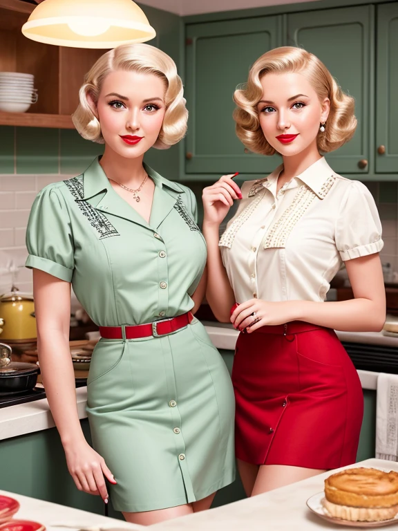 American fashion in the 1930s, (Pale green short-sleeved shirt and red skirt), (Upright Pin Curl Hairstyles), (Blonde Hair), (Kitchen Background), elegant, Very detailed, Retro pinup style、Digital Painting, Smooth,Charlie Bowter and Alexandra Fomina,8k,((Detailed facial features)),((Retro advertising illustrations)),8K Ultra HD,Digital SLR,Soft lighting,high quality,Film Grain,Fujifilm XT3,