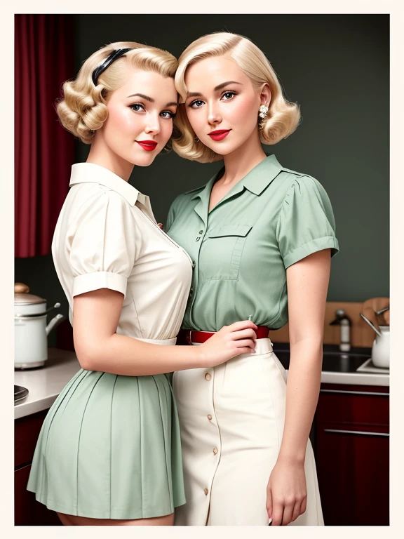 American fashion in the 1930s, (Pale green short-sleeved shirt and red skirt), (Upright Pin Curl Hairstyles), (Blonde Hair), (Kitchen Background), elegant, Very detailed, Retro pinup style、Digital Painting, Smooth,Charlie Bowter and Alexandra Fomina,8k,((Detailed facial features)),((Retro advertising illustrations)),8K Ultra HD,Digital SLR,Soft lighting,high quality,Film Grain,Fujifilm XT3,