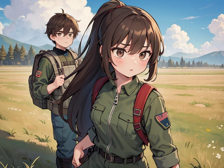 Two characters in a scene boy and girl (absolutely identical twins brother and sister)with the same cute beautiful girlish features, The first character is a handsome, modest, round-faced, brown-eyed boy with an ideal masculine physique., with semi-long brown hair tied in a ponytail, Military style (marsh color T-shirt, military style trousers with patch pockets, massive high infantry boots, backpack), and the second character is strong, very muscular feminist girl with aesthetic small breasts, with very tousled shaggy semi-long brown hair, hair between the eyes, Brown eyes, beautiful face, an athlete with well-developed proportional muscles, khaki racer jersey(absolutely no bra), military style trousers with patch pockets, massive high infantry boots, backpack; talk to each other, different emotions, free pose, free interaction with each other, against the backdrop of the realistic nature of central Russia