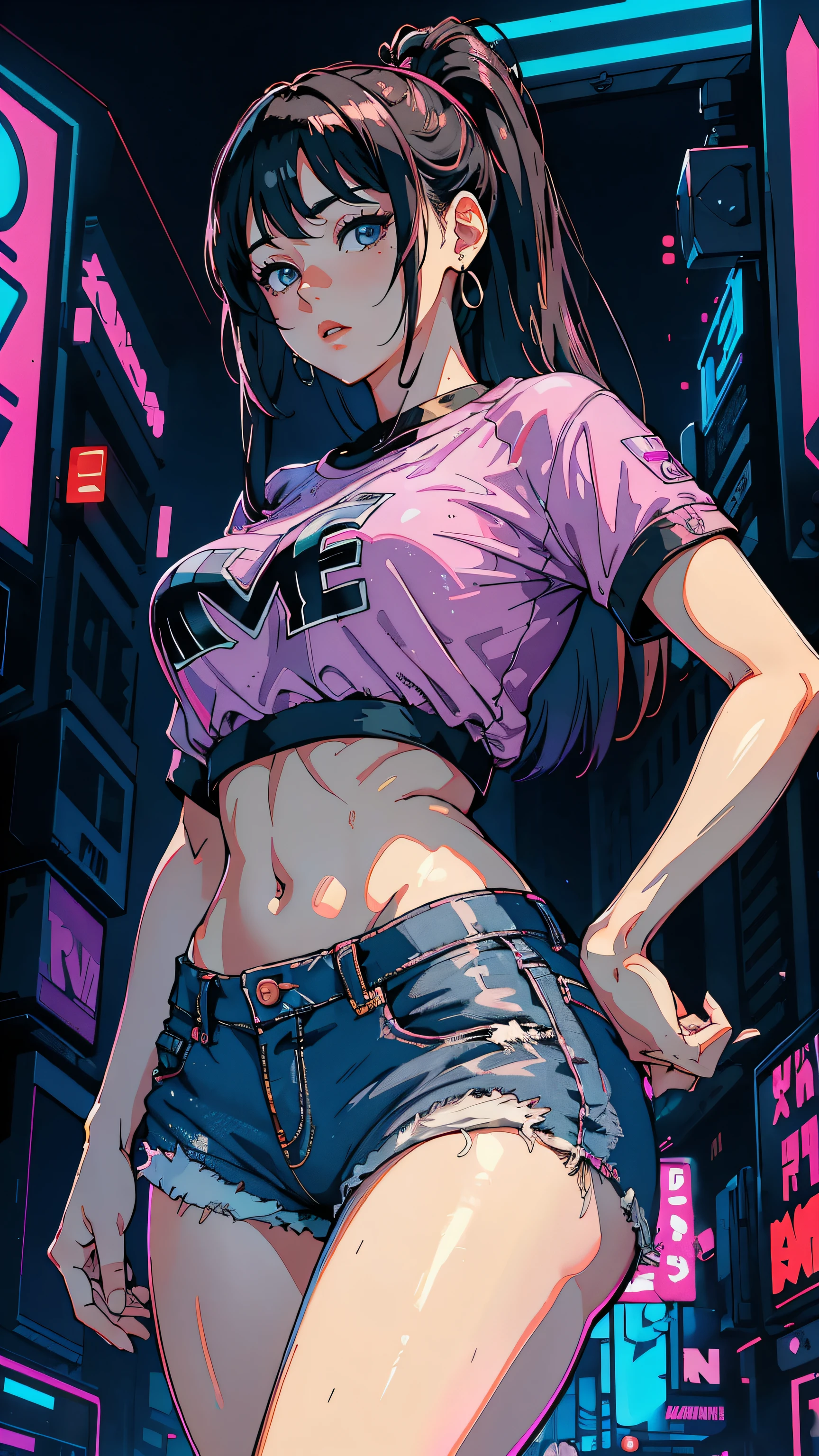 (Hinata Hyuga, Leg spread, Very sensual, In tight clothes, Big Ass, Thick legs, Jean Shorts, Wearing a mini blouse, Navel comes out, Long Hair, Rear speakers, Very realistic, View of the Cyberpunk City, Clearly defined lines, Neon Lights Very Sexy, 8k, 8k Very detailed), (Very delicate and beautiful), (masterpiece), (Better Quality: 1.0), (Ultra-high resolution:1.0), ((Synthwave Background Theme))