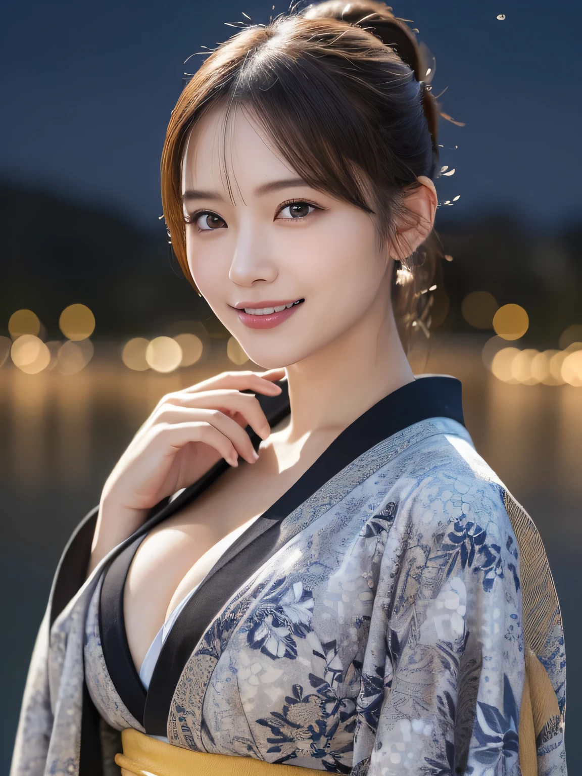 The beauty of kimono, Body Portrait, 8k, Narrow and beautiful eyes, Dindal effect, masterpiece, 最high quality, high quality, High resolution, Very detailed photos, (Natural skin texture, Fine skin, Hyperrealism, Ultra Sharpness) , Skin with attention to detail, (Very fine, Fine skin texture, Intricate details, ponytail, Beautiful Face, (Lifelike face), Realistic eyes, Beautiful and detailed eyes, Realistic Skin, Beautiful Skin, Hyper Reality Target, Very detailed, Golden Ratio, Smiling Eyes, ((Night moonlight background) )), Body Portrait, G-Cup, Big Breasts, Huge breasts, Big Breasts, glamorous,