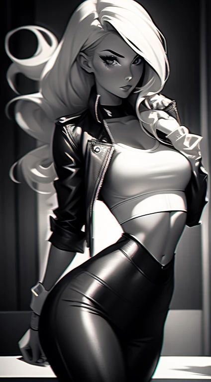 Beautiful 20yr old girl, blonde, detailed, toned body, femme fatale, Noir et blanc, monochrome, looking at viewer, leggings, cropped shirt, trench coat
