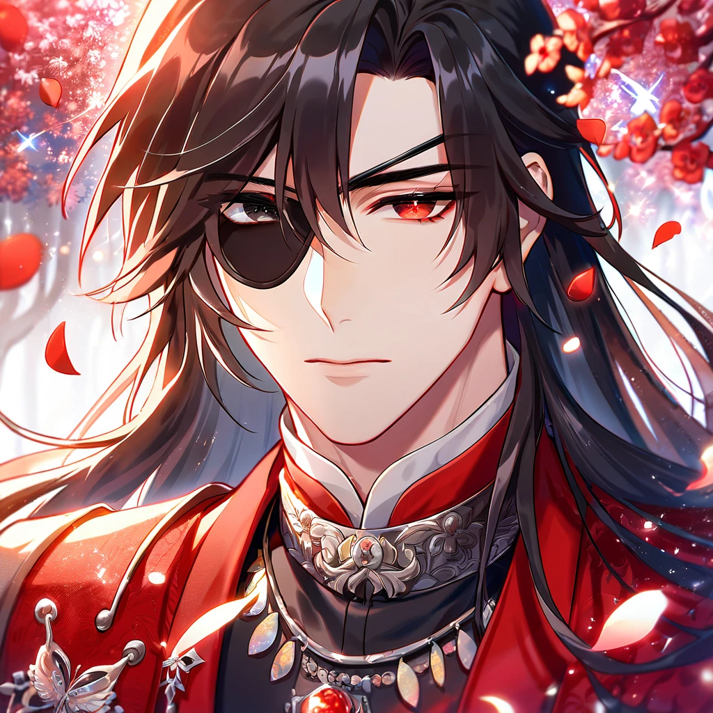 Ultra detailed, HDR, Highres, absurdres, master piece, Hua Cheng, black long hair, expressive red eye, black eye patch, Heaven Official's Blessing, glittering silver butterflies, petals, red clothes, red flowers, handsome, sexy man, toned chest, extremely detailed face and eyes, glittering, red forest, perfect face, best quality, red rain,