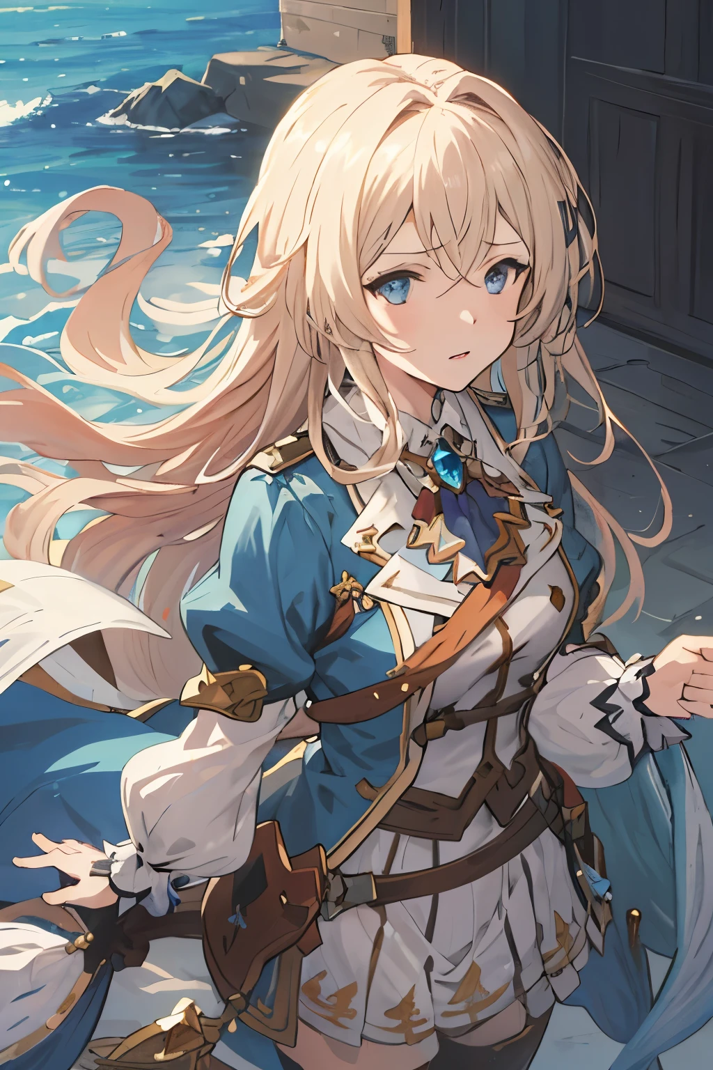 Masterpiece, Best Quality, Ultra-Detailed, 1girl, woman, mature woman, adult woman, 34 years old woman, blonde hair, long hair, very long hair, blue eyes, marine eyes, deep eyes, brilliant eyes, very beautiful eyes, charlotta clothes, looking at you, serious expression, granblue fantasy style clothes, granblue fantasy clothes style, high fantasy kingdom background, high fantasy clothes