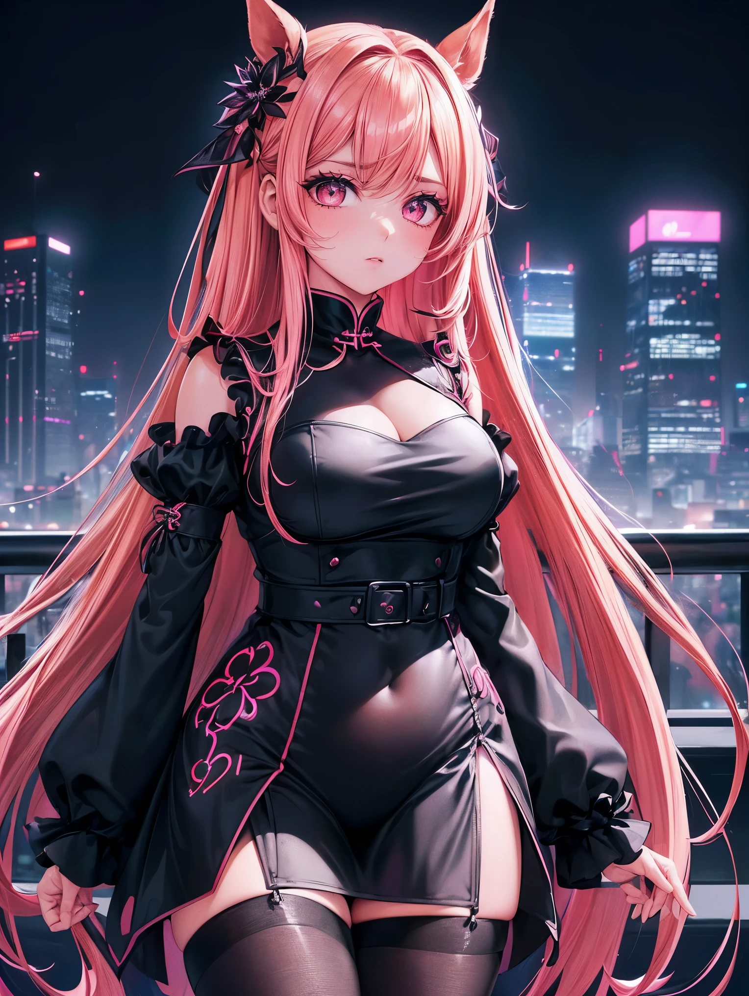 anime, (obra de arte, melhor qualidade, ultra-detalhado, Alto contraste), 1 mulher (sozinho, corpo todo, corpo plus size, standing on the edge of the skyscraper, cabelo prateado, LONGO em um rabo de cavalo, olhos vermelhos, olhos perfeitos brilhos de rubi, (qipao preto simples, black cybernetics with neon pink), Meias pretas transparentes), (skyscraper roof, com vista para uma cidade, fundo detalhado ((Night time, darkness, low light pollution)))