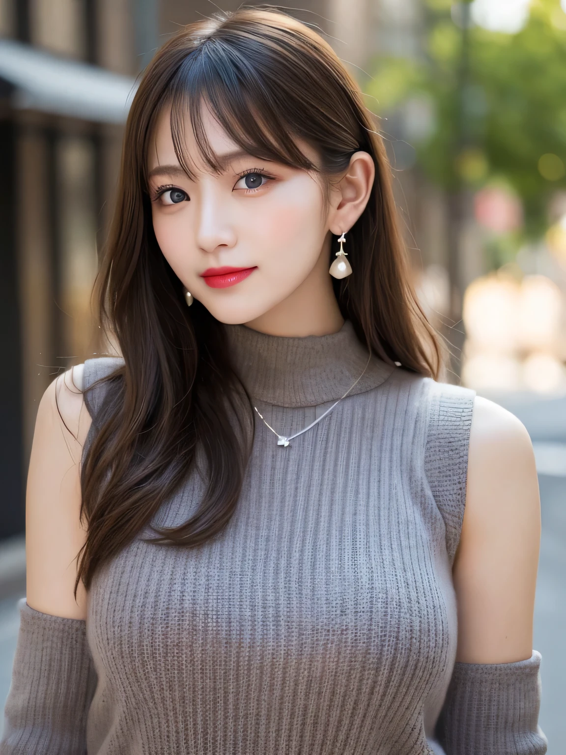 Urban beautiful girl college , masterpiece, light makeup, Red lips, Silver Hair, Disheveled long hair, Street background, beautiful, elegant. Extremely fine detail, Master Works, Authentic texture, Realism in film lighting, Perfect job, 16k, High resolution, exquisite features,blue eyes、Japanese Idols、Beautiful face、Cute Smile、Brown Hair、beautiful hair、ponytail、glamorous、 Big Breasts、Erect nipples、Greasy muscles、Shiny skin、Sunburned skin、Glowing dark skin、Sexy knitted sweaters, Bright big eyes, Smooth Skin, Earrings, necklace, tattoo