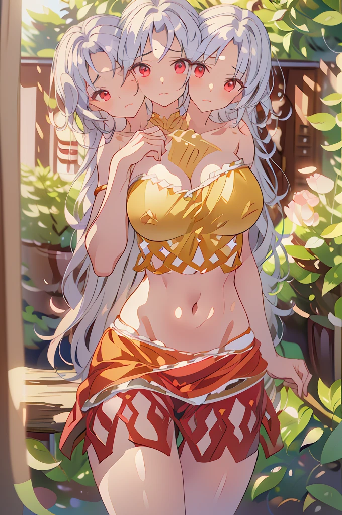 (masterpiece, best quality), best quality, (ultra-detailed), (3heads:1.5), 1girl, (nemuno sakata:1.3), masterpiece, best quality, (high quality), (high resolution), (best quality:1.5, highres, UHD), highres, absurdo, ultra detail, ultra quality, yellow/gold and orange top, crop top, ((stomach)), midriff, ((groin)), red skirt, normal ears, shackles, waist-length grey hair, very long hair, wavy hair, sidelocks, red eyes, very detailed eyes, parted lips, sweat, cute, toned belly, hand on own chest, eyelashes, (24 year old woman:1.3), (masterpiece:1.5), (best quality:1.5), (beautiful detailed), extremely detailed CG, extremely delicate and beautiful, depth of field, (finely detailed face), (perfect details:1.2), (mature female:1.4), wide pelvis, slender, large veiny breast, 16k resolution, highres, very high quality, very high definition, extremely detailed, masterpiece, waist-length grey hair, long hair, alluring presence, braid, short skirt, close up, big tits, young, open belly, nsfw