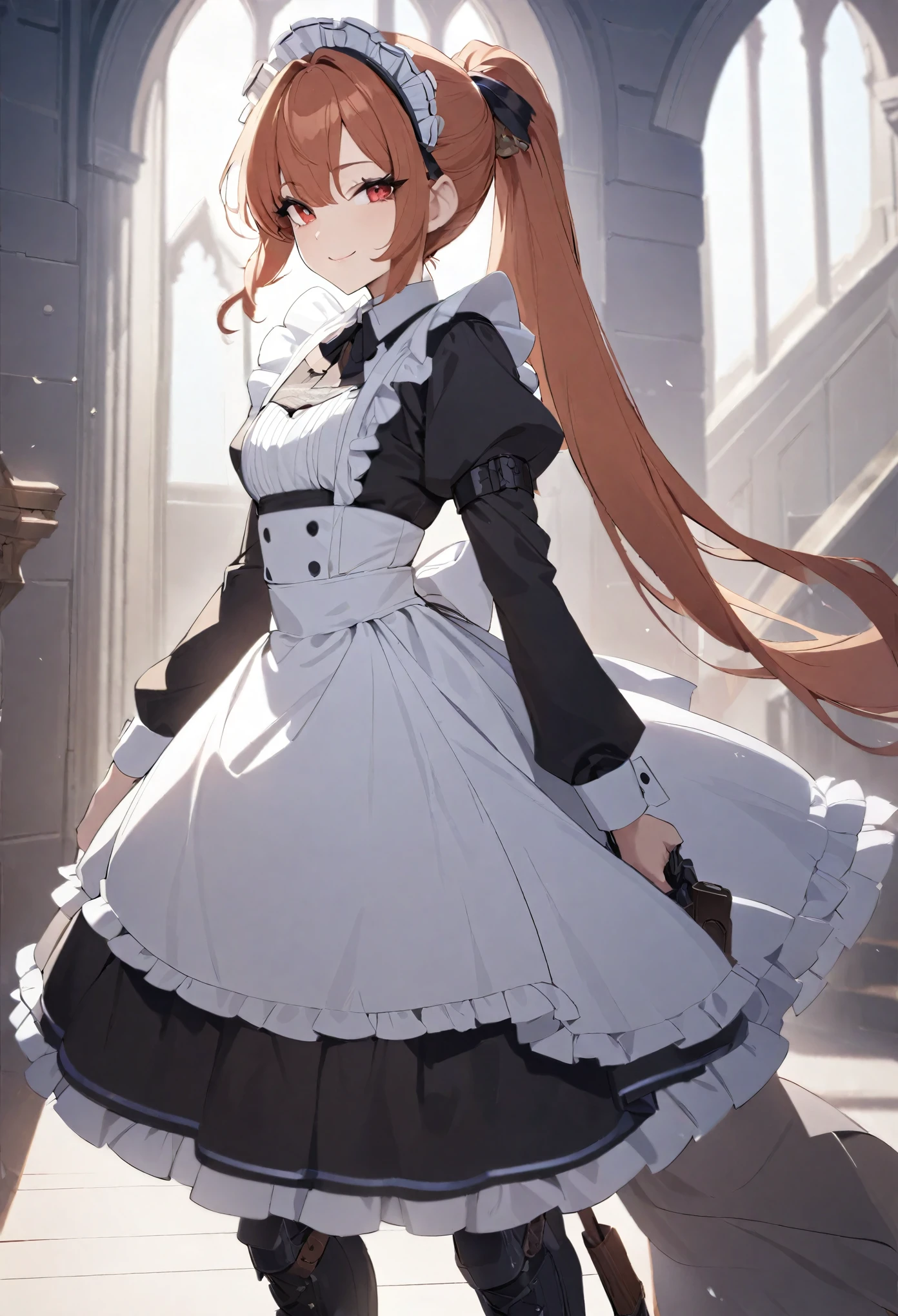 (best quality,4k,8k,highres,masterpiece:1.2),ultra-detailed, (1girl) A cute teenage bodyguard maid with red eyes, drawn in anime style, spiky ginger hair in a long ponytail, victorian fashion, wearing a cute black maid dress with puffy sleeves, corset, tactical gear, light armour, petticoat, bloomers, a frilly headband, a frilly white apron, high-heel boots, ribbons, gun holster, steampunk style, girlish smile, feminine and elegant posture, waiting in a castle hallway, extremely detailed eyes and face,long eyelashes,volumetric lighting,cinematic lighting,protective posture,dramatic close up,highly detailed texture,intricate details.