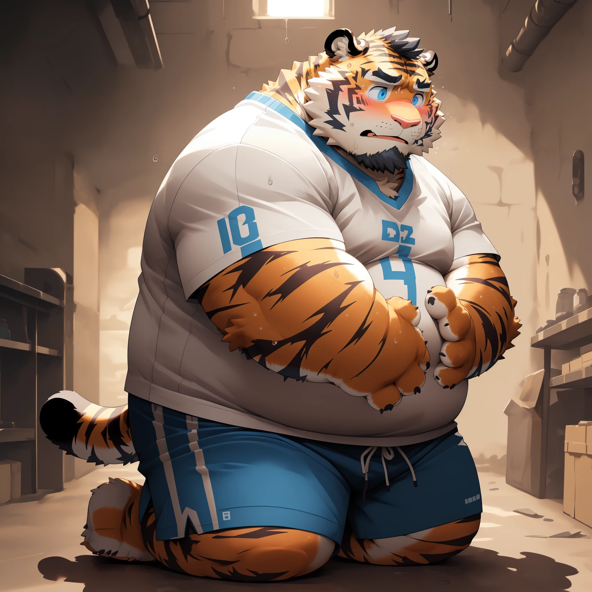 New Jersey 5 Furry,Tiger,Solitary,Chubby,Fat,Thick arms,Rugged muscles,shorts,orange Plush fur,Chubby Face,Black eyebrows,Sky blue eyes,Beard,(Gloomy basement),( White T-shirt,shorts),(Fold both hands),(blush),(Sweating),(Kneel down)