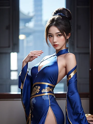 Beautiful woman,A blue Chinese dress with a slit up to the waist,Hairstyle Bun Hair,Kung Fu Girl。
