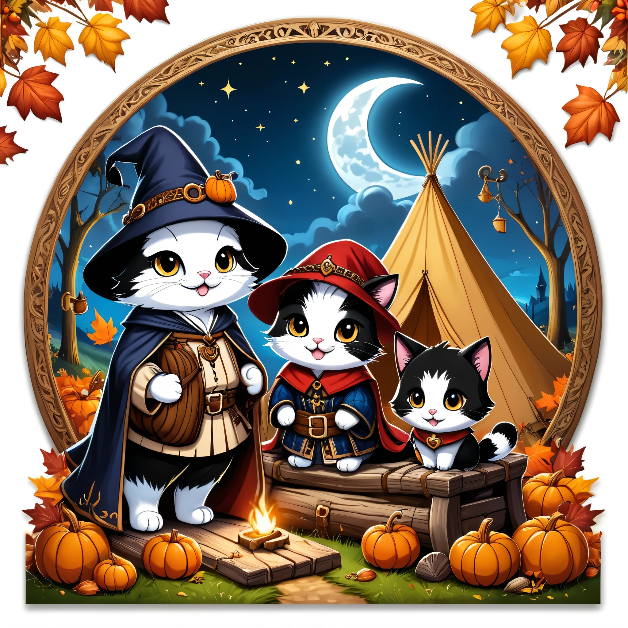 Professional cartoon illustration, (masterpiece in maximum 16K resolution, superb quality, ultra detailed:1.3), (cute round autumn postcard adorned with exquisite detailes:1.4), a calico feline love medieval couple sitting on a log amidst the (medieval campsite), a tent, (medieval merchant clothes:1.2), (featured hats), a big backpack, (Gothic patterns:1.3), gloomy night sky with the crescent moon and tall .