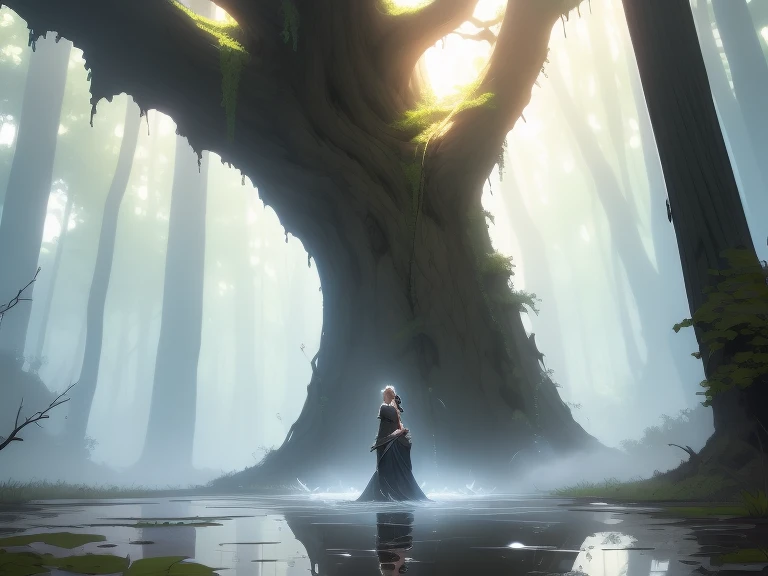 adult woman standing in a swamp that goes up to the middle of her shins, she is completely naked, her white and very long hair is lying in the water, the water is dirty and there are plants over it, in the background we see giant trees and mist, in the background we see ruins of very ancient temples from past eras, the wind is blowing and many leaves are flying, the big and beautiful breasts are showing, topless, we see her whole slim and beautiful body, we see rays of sun between the trees, she is seductive and very sexy, behind her is a huge branch with many parasitic plants, pendants and musk Frank Frazetta style, she wears only rags, there are branches and roots going up her legs and body, she is very wet, her breasts are big.