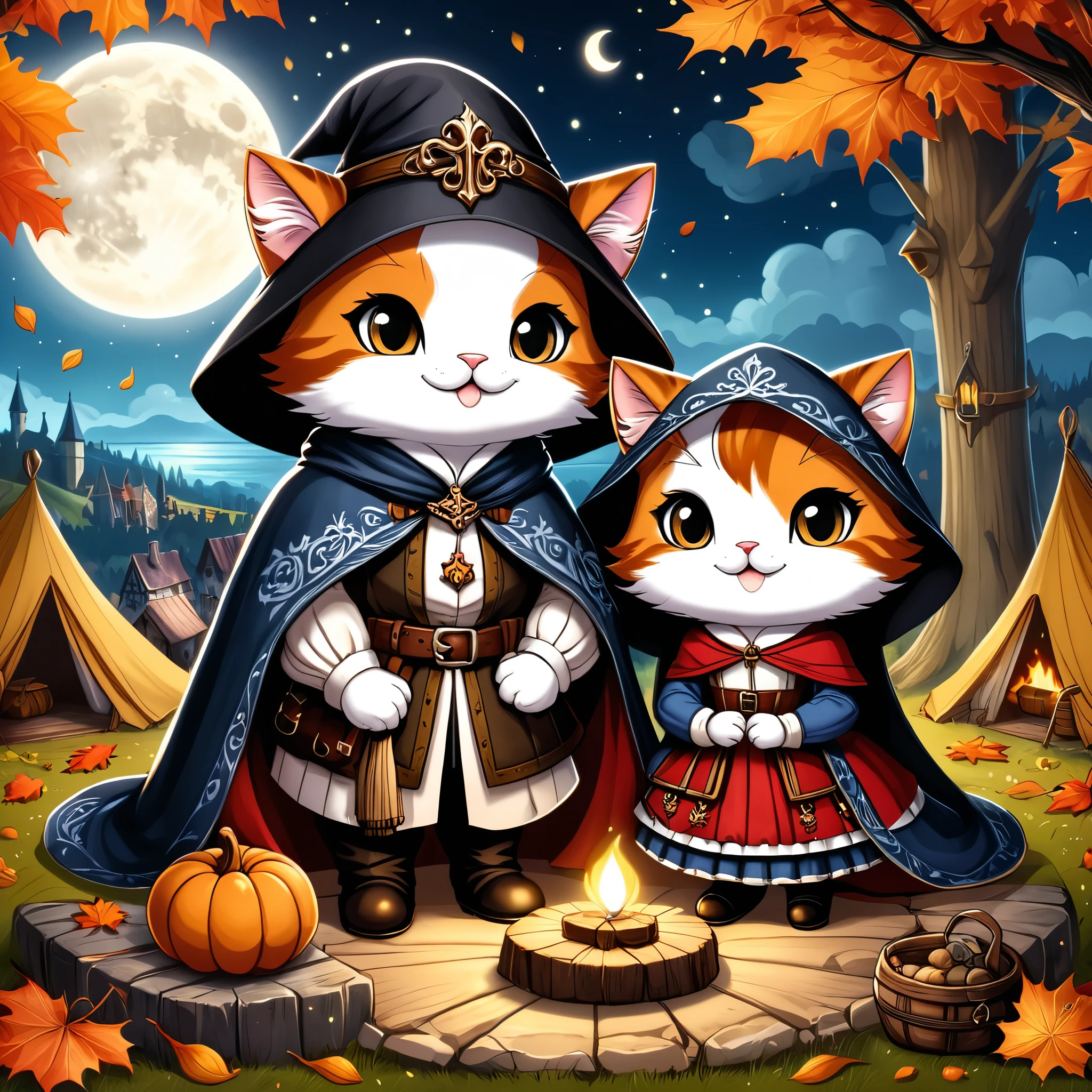 Professional cartoon illustration, (masterpiece in maximum 16K resolution, superb quality, ultra detailed:1.3), (cute round autumn postcard adorned with exquisite detailes:1.4), a calico feline love medieval couple sitting on a log amidst the (medieval campsite), a tent, (medieval merchant clothes:1.2), (featured hats), a big backpack, (Gothic patterns:1.3), gloomy night sky with the crescent moon and tall .
