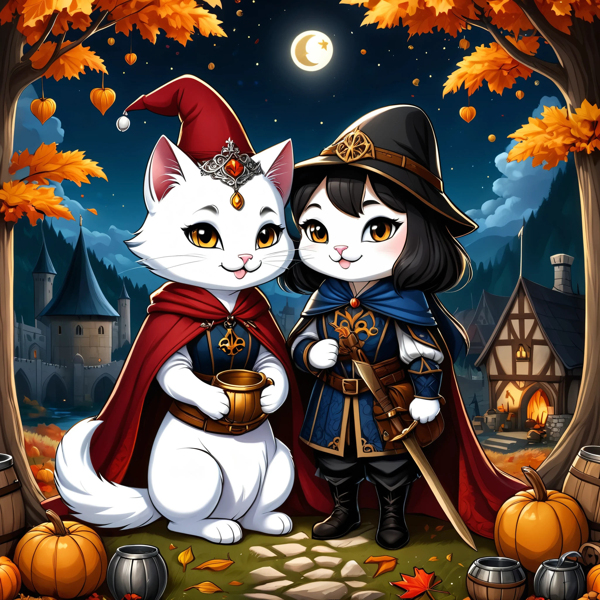 Professional cartoon illustration, (masterpiece in maximum 16K resolution, superb quality, ultra detailed:1.3), (cute round autumn postcard adorned with exquisite detailes:1.4), a white feline love medieval couple sitting on a log amidst the (medieval campsite), a tent, (medieval merchant clothes:1.2), (featured hats), a big backpack, (Gothic patterns:1.3), gloomy night sky with the crescent moon and tall .

