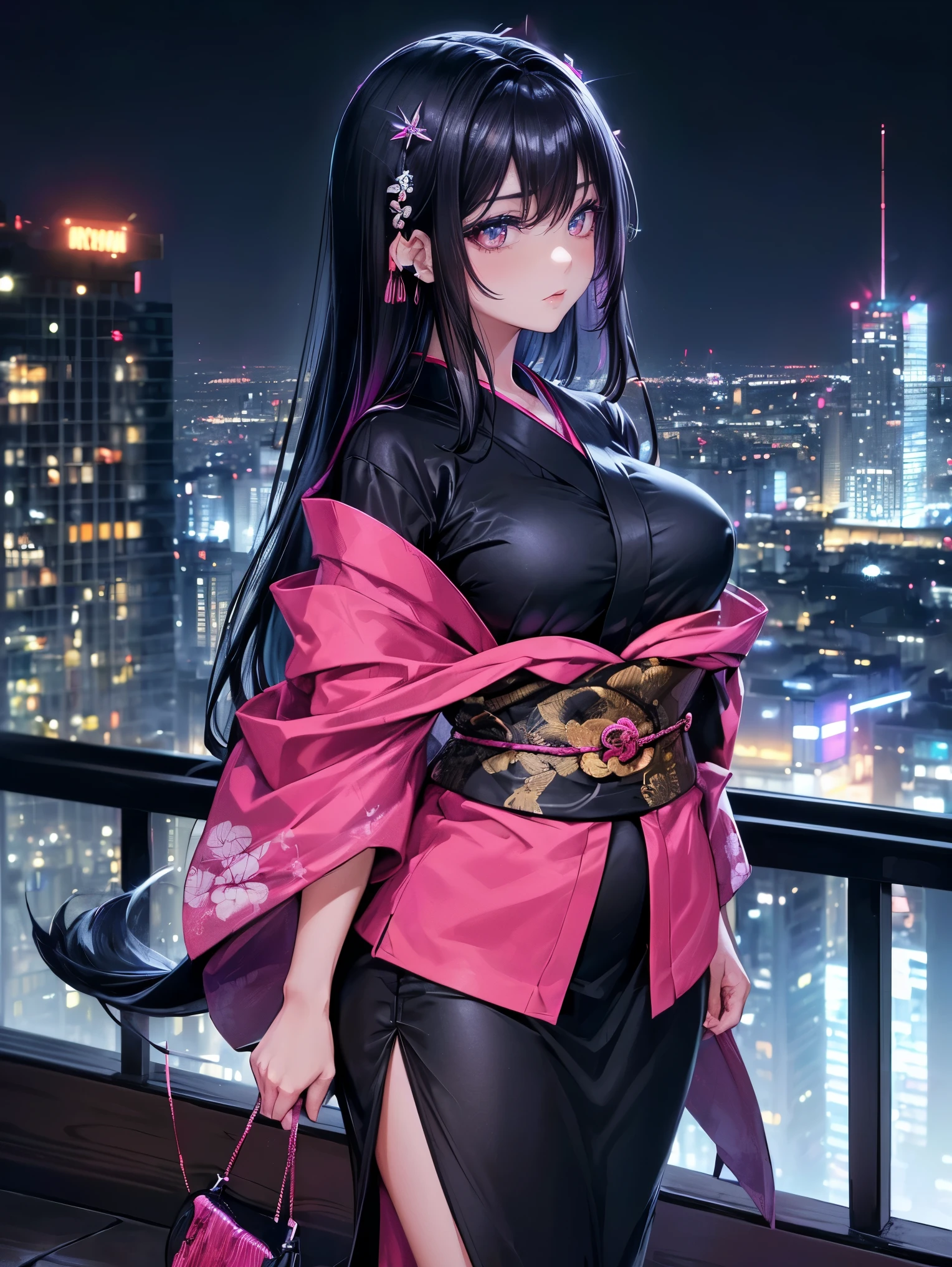 anime, (obra de arte, melhor qualidade, ultra-detalhado, Alto contraste), 1 mulher (sozinho, corpo todo, corpo plus size, standing on the edge of the skyscraper, cabelo prateado, LONGO em um rabo de cavalo, olhos vermelhos, olhos perfeitos brilhos de rubi, (kimono longo preto simples, black cybernetics with neon pink), Meias pretas transparentes), (skyscraper roof, com vista para uma cidade, fundo detalhado ((Night time, darkness, low light pollution)))