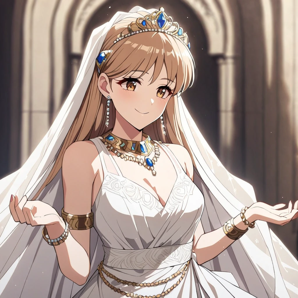 ((highest quality)), ((masterpiece)), (detailed), （Perfect Face）、（The woman was Princess Leona, with long light brown hair, a happy smile, and was getting married in a gorgeous church.、The woman is wearing a gorgeous jeweled wedding dress, a wedding veil, a gorgeous jeweled wedding dress skirt, an engagement ring, a gold jeweled tiara, a gorgeous head dress chain, a gorgeous jeweled necklace, gorgeous earrings, gorgeous bracelets, gorgeous ankle bracelets, a gorgeous jeweled waist chain, and an engagement ring.）