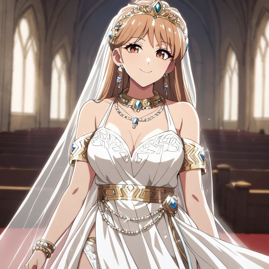 ((highest quality)), ((masterpiece)), (detailed), （Perfect Face）、（The woman was Princess Leona, with long light brown hair, a happy smile, and was getting married in a gorgeous church.、The woman is wearing a gorgeous jeweled wedding dress, a wedding veil, a gorgeous jeweled wedding dress skirt, an engagement ring, a gold jeweled tiara, a gorgeous head dress chain, a gorgeous jeweled necklace, gorgeous earrings, gorgeous bracelets, gorgeous ankle bracelets, a gorgeous jeweled waist chain, and an engagement ring.）