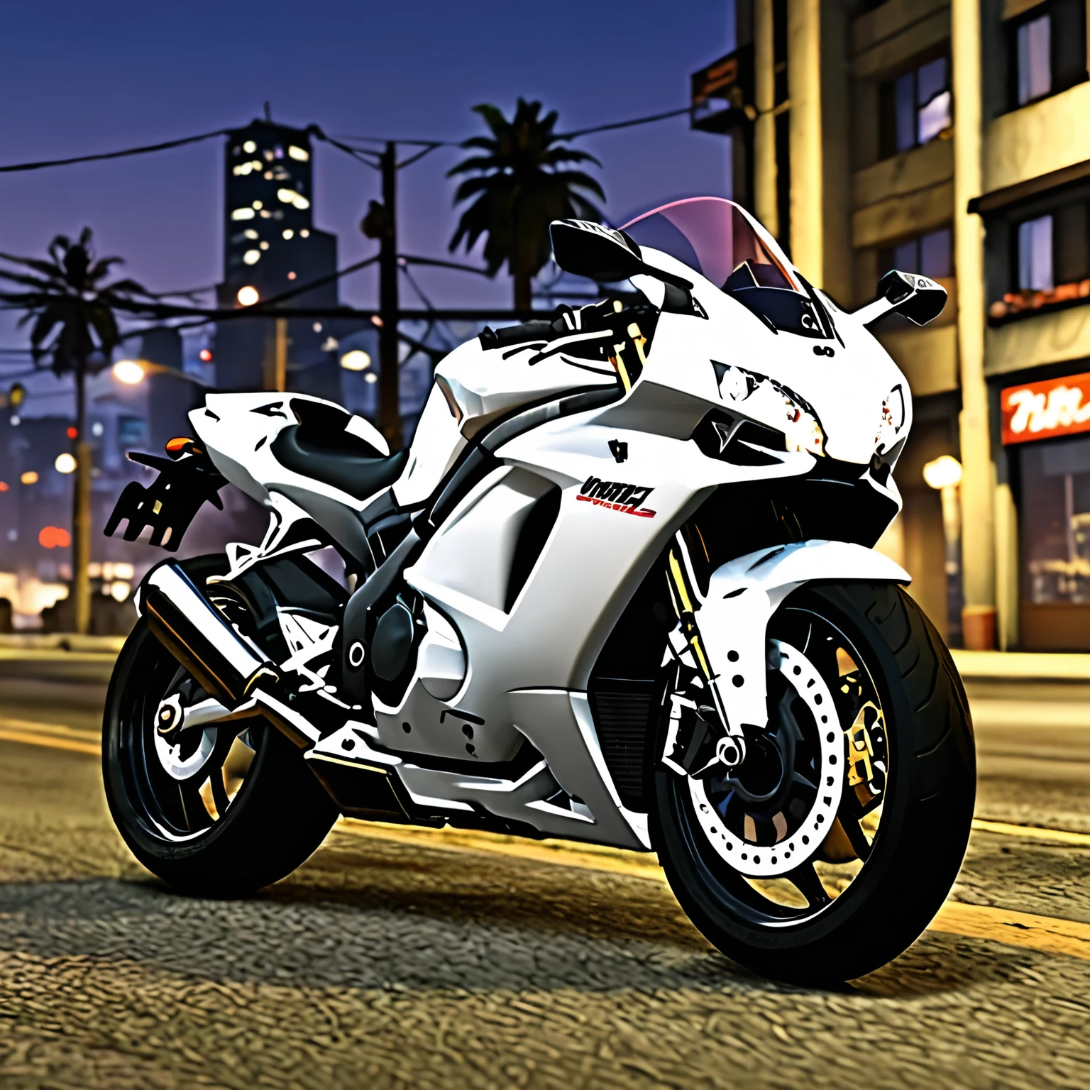 A white superbike with nitro, It's night ,style grand theft auto,