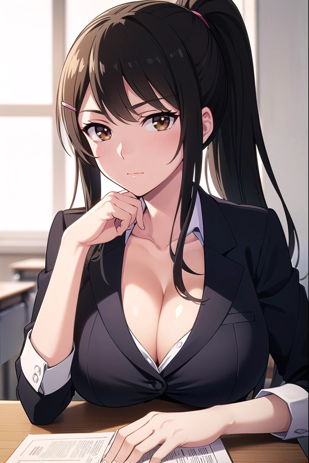 saechabashira, Chabashira Sae, One woman, Long Hair, (black hair:1.5), hair ornaments, (Brown eyes:1.3), Sharp Eyes, ponytail, Hair Clip, shirt, Cleavage, clavicle, Jacket, opened jacket, White shirt, opened shirt, formal, suit, indoors, classroom, looking at viewer, (masterpiece:1.2), highest quality, High resolution, unity 8k wallpaper, (figure:0.8), (Beautiful fine details:1.6), (provocative eyes), Highly detailed face, Perfect lighting, Highly detailed CG, (Perfect hands, Perfect Anatomy), (Large Breasts:1.5), (exposed nipples), blush, (close up of chest), (rest one's chin on one's hand:1.5), smaller head, sitting, upper body