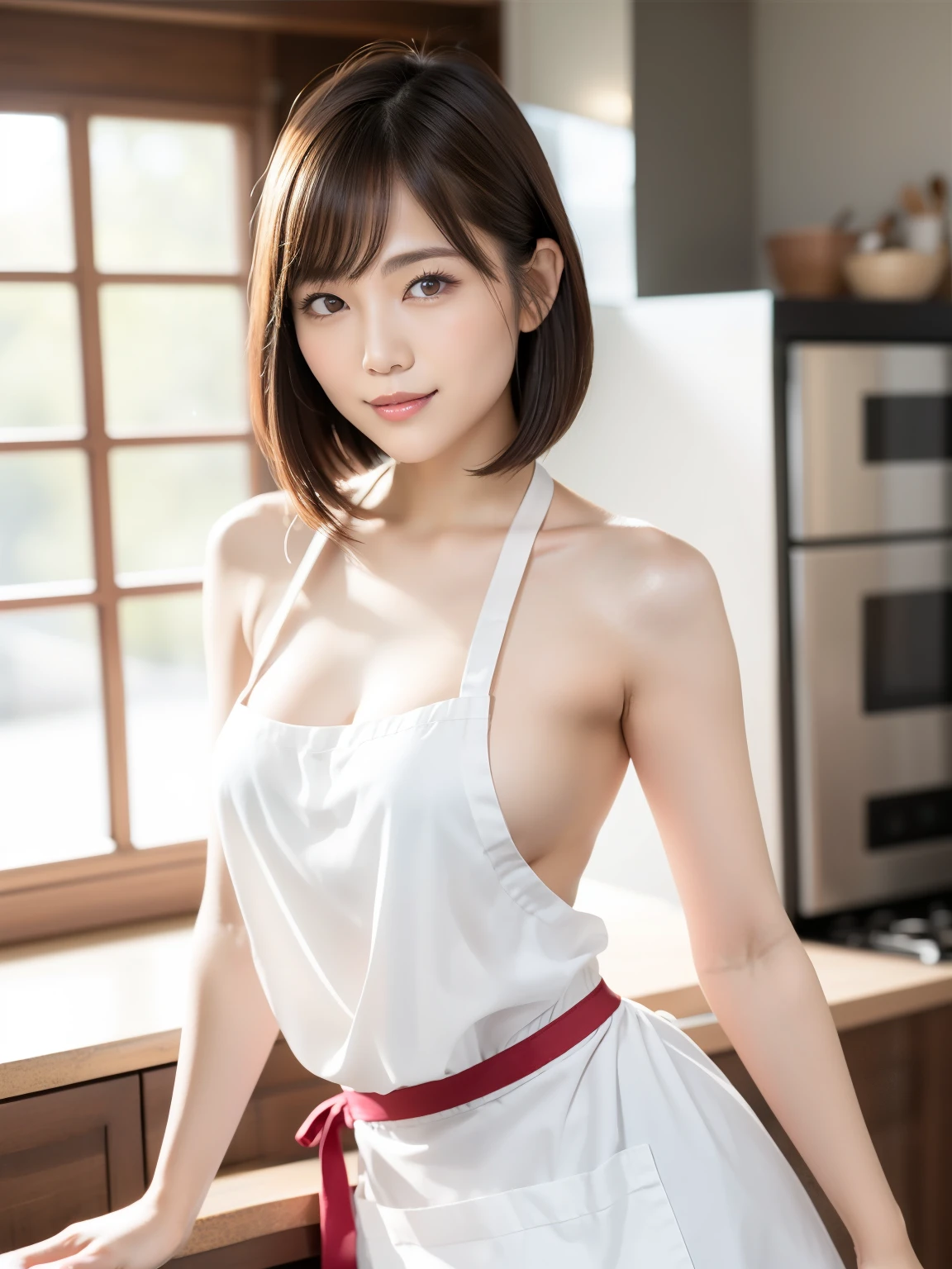 (Best quality: 1.5), (Real: 1.5), (1 person: 1.5), Medium shot, (Highly detailed), (High resolution), 8k, Medium breasts, Natural colored lips, Japanese woman, 24 old girl, thin eyebrows, beautiful and graceful features, cute face, arched thin eyebrows, (large, balanced eyes), big eyes, fair skin, beautiful and graceful features, natural bangs, beautiful and thin nose, beautiful skin , medium bob hair, natural bangs, perfect and beautiful facial features, slim face and figure, (bright lighting), professional lighting, (frontal lighting), beautiful cleavage, 1 girl, cute and sexy 24 old woman, slim Japanese woman, fair skin, (cute smile), (medium chest), In the kitchen, Wearing a naked apron, (NAKED Apron), (naked and wearing only an apron), Beautiful breasts, from a little below,