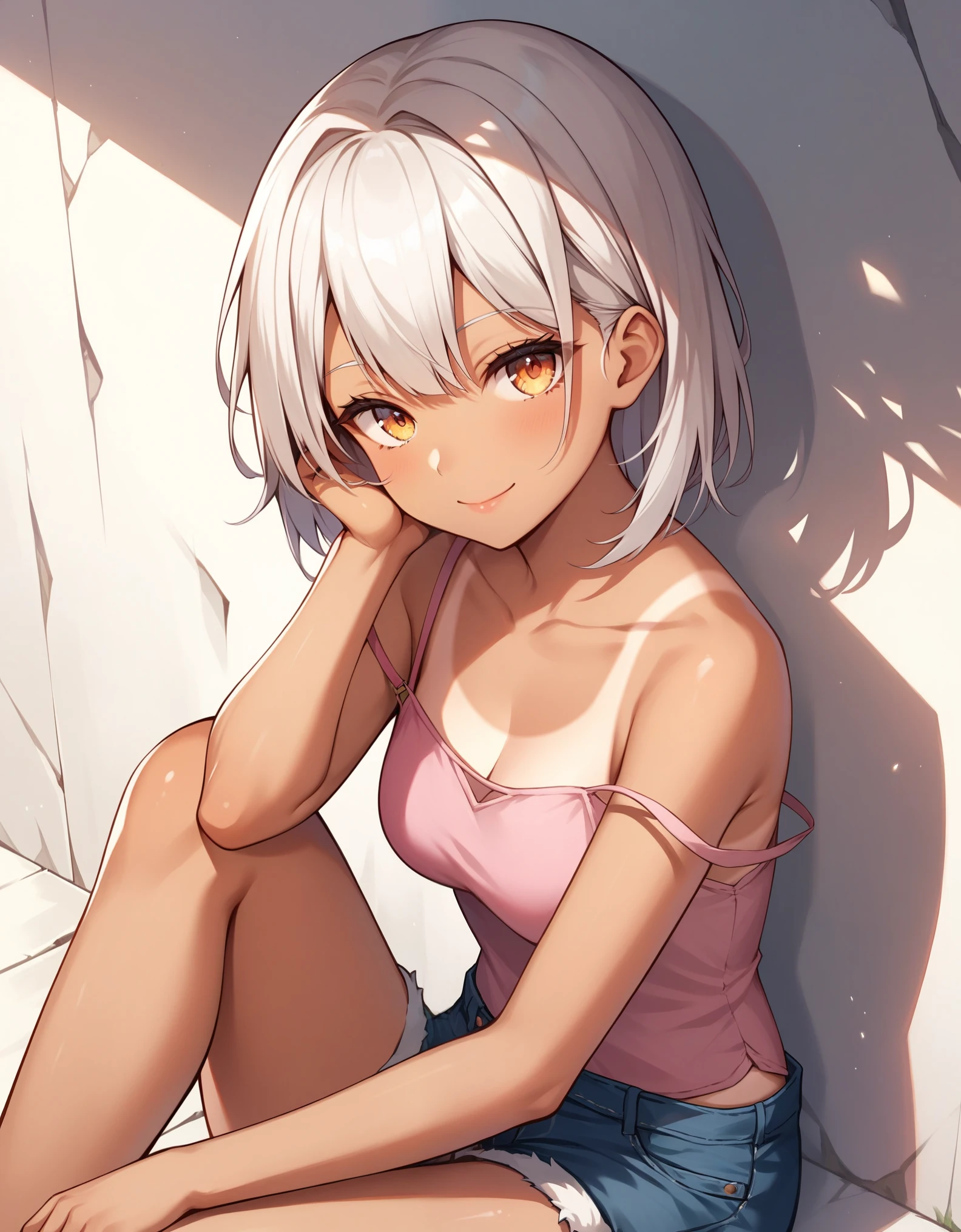 score_9, score_8_up, score_7_up, score_6_up, source_anime, rating_safe,, nubian_\(azur_lane\), dark-skinned_female,white hair, denim shorts,pink_camisole,outdoors, looking at viewer, collarbone, tanlines, tan,swimsuit_tan, sitting, knee up, head rest,white background, smile, closed mouth, head tilt,shadow, strap slip, knees supporting arms, masterpiece, best quality,  very aesthetic, absurdres,