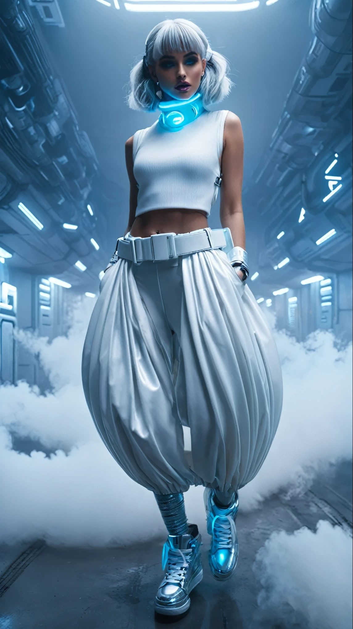 masterpiece, Best Quality, Realistic, In the dimly lit colony shrouded in white mist, she stands as a solitary fashion model. She is dressed in a cyber-themed outfit centered around the color white. She wears a high-neck, sleeveless top paired with a maxi skirt with a round silhouette, from which a large balloon extends at the waist. Neon-lit harnesses are connected to her outfit, creating a futuristic atmosphere.
With her silver hair and blue glowing eyes, she completes her look with high-cut sneakers accented with neon. Captured from a side angle, she sits and gazes ahead with a somewhat melancholic expression, hyper small head and face, wide Duck mouth, half open mouth, perfectly aligned teeth, perfect beautiful teeth, light blue eyes, half open eyes, shiny Droopy eyes, gray hair, looking other, She is situated within the interior of a futuristic colony, with mist drifting and steam rising from concrete
