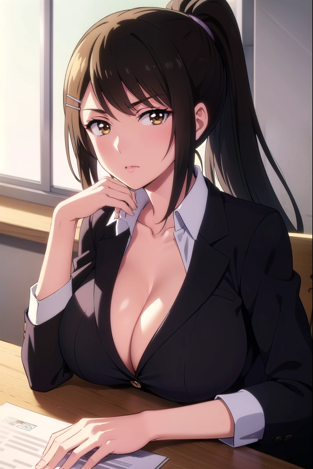 saechabashira, Chabashira Sae, One woman, Long Hair, (black hair:1.5), hair ornaments, (Brown eyes:1.3), Sharp Eyes, ponytail, Hair Clip, shirt, Cleavage, clavicle, Jacket, opened jacket, White shirt, opened shirt, formal, suit, indoors, classroom, flown, looking at viewer, (masterpiece:1.2), highest quality, High resolution, unity 8k wallpaper, (figure:0.8), (Beautiful fine details:1.6), (provocative eyes), Highly detailed face, Perfect lighting, Highly detailed CG, (Perfect hands, Perfect Anatomy), (Large Breasts:1.5), (exposed nipples), blush, (close up of chest), (rest one's chin on one's hand:1.5), smaller head, sitting, upper body