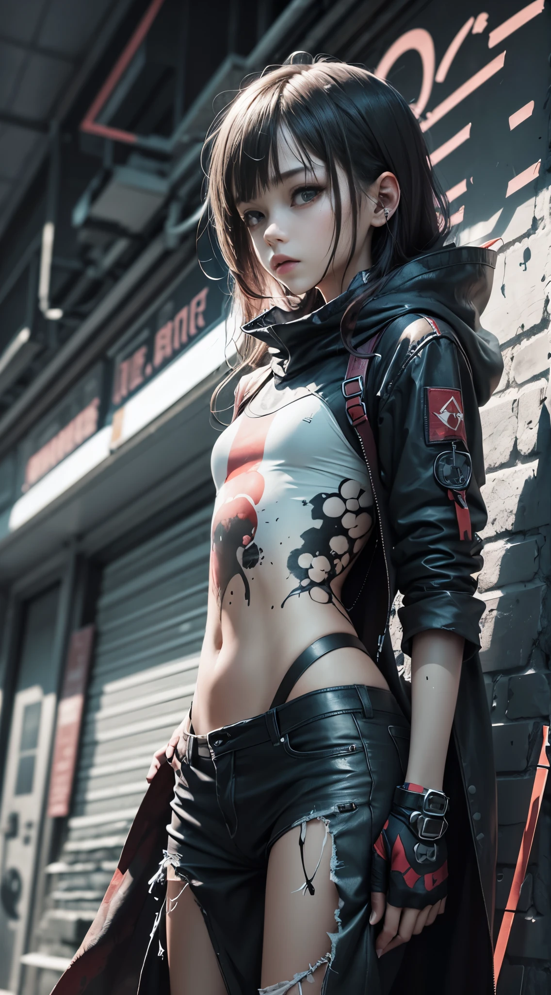 One girl, 白 hair, Light purple eyes, Hair on one eye, Short side details, Baseball cap,Expressionless, Window Shades, Black jacket, Chest Rig, cyber punk, ((Techwear)),I can see your abs、Bra Top、((Big Breasts))、Very beautiful woman、Slender women、(Detailed face)、Realistic skin、((Delicate photo)),(Girl Masterpiece RAW Photo Details:1.25), (Highest quality:1.6), (Ultra-high resolution:1.5), (Realistic:1.75), 8K resolution, Canon EOS R5, 50mm, Absurd, Ultra-detailed,Cinema Lighting、