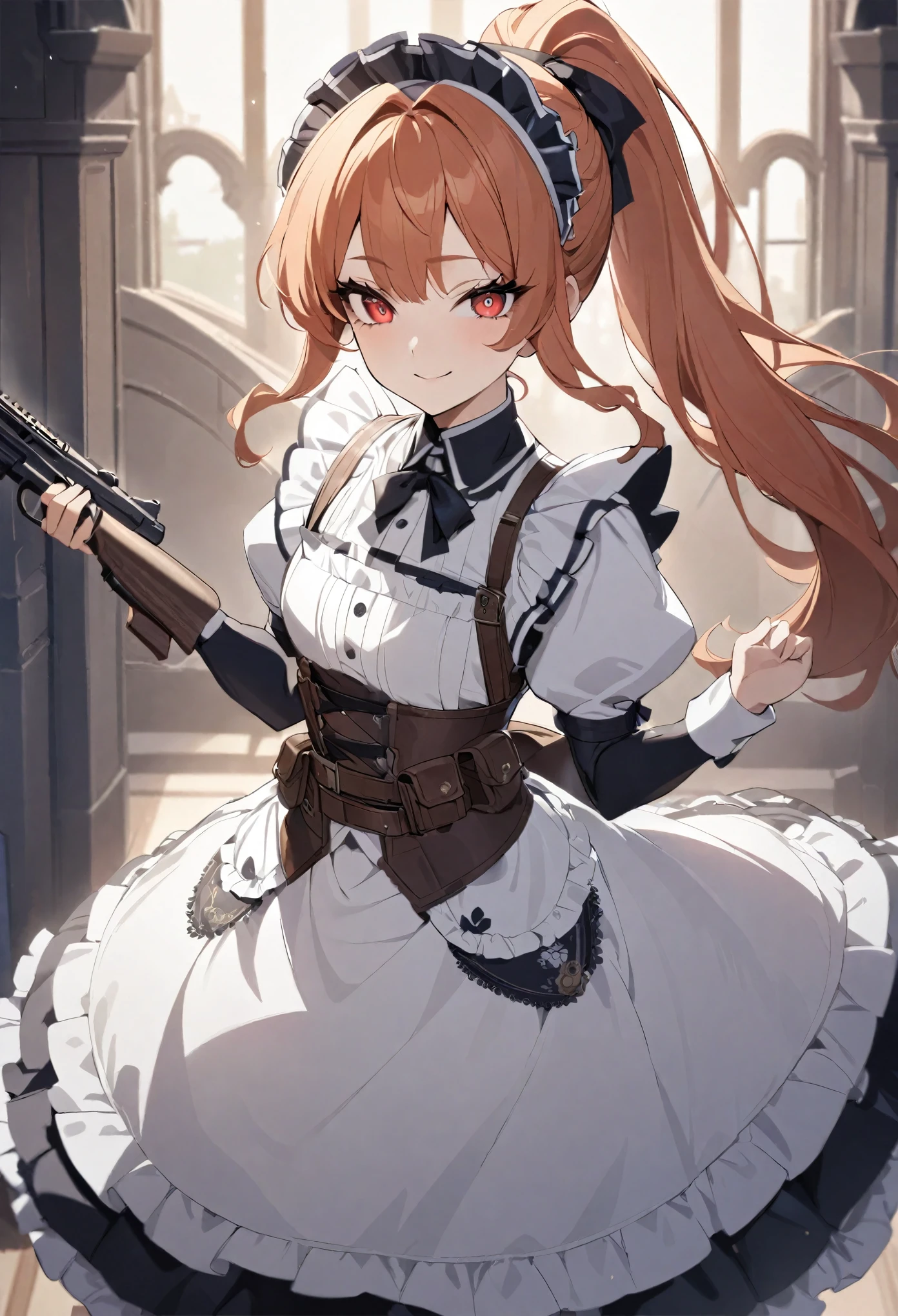 (best quality,4k,8k,highres,masterpiece:1.2),ultra-detailed, (1girl) A cute teenage bodyguard maid with red eyes, drawn in anime style, spiky ginger hair in a long ponytail, victorian fashion, wearing a cute black maid dress with puffy sleeves, corset, tactical gear, light armour, petticoat, bloomers, a frilly headband, a frilly white apron, high-heel boots, ribbons, gun holster, steampunk style, girlish smile, feminine and elegant posture, waiting in a castle hallway, extremely detailed eyes and face,long eyelashes,volumetric lighting,cinematic lighting,protective posture,dramatic close up,highly detailed texture,intricate details.