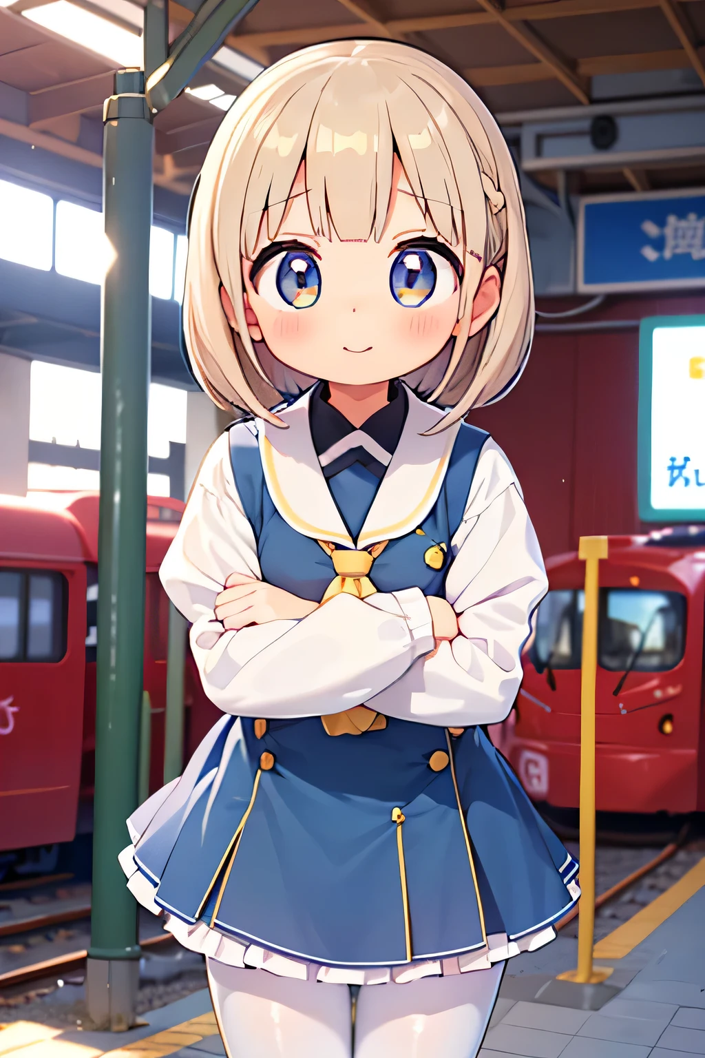 highest quality、High resolution、Detailed Background、(Beautiful face in every detail:1.4)、Anatomically correct、Hide your hands、(Detailed facial expressions)、(Detailed eyes:1.2)、(Detailed eyes:1.2)、age beauty、(Highly detailed face:1.4)、Perfect body line、cute hair color、Bobcut、Braided Ponytail、well-groomed eyebrows、cuteJK uniform、White Pantyhose、Playfully hugging a friend、Cute gestures、A big smile、laughing、smile、Station platform、Cowboy Shot、 (Two beautiful girls waiting for a train on a station platform:1.5)、cute