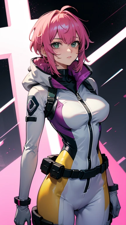 masterpiece, best quality, 1girl, short hair, drill hair, pink platinum hair, yellow space suit, white collar, gray gloves, slender waist, wide hips,