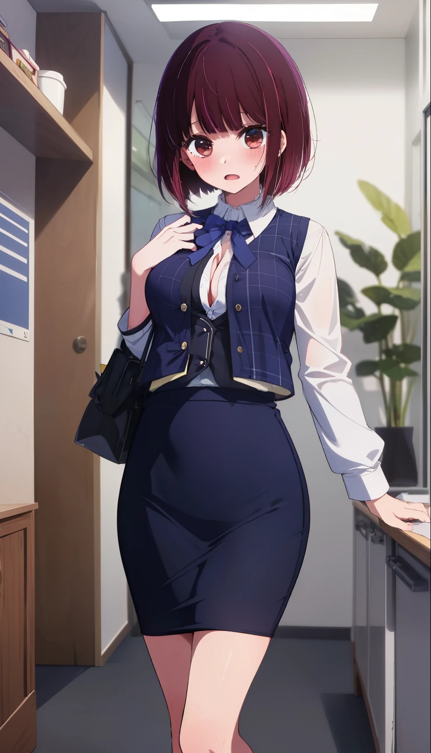 highest quality, Flying debris、Beautiful woman、Office Lady、Black Hair、(Brown eyes、Big Breasts、Blunt bangs)、short hair、Dark blue checked office suit)、new employee,Full Body Shot、Female office lady、break(Dark blue checked vest、White dress shirt、Navy blue mini tight pencil skirt:1.2)、(Black Pantyhose、garter belt、High heels)、break(office:1.3)、Cleavage、Shirt buttons fly off、Absolute area、Blushing、Embarrassed、Standing posture、Open your mouth、Exposing the breasts、Bare your breasts、No panties、No bra、Nipples are visible、Expose the nipple、20-year-old