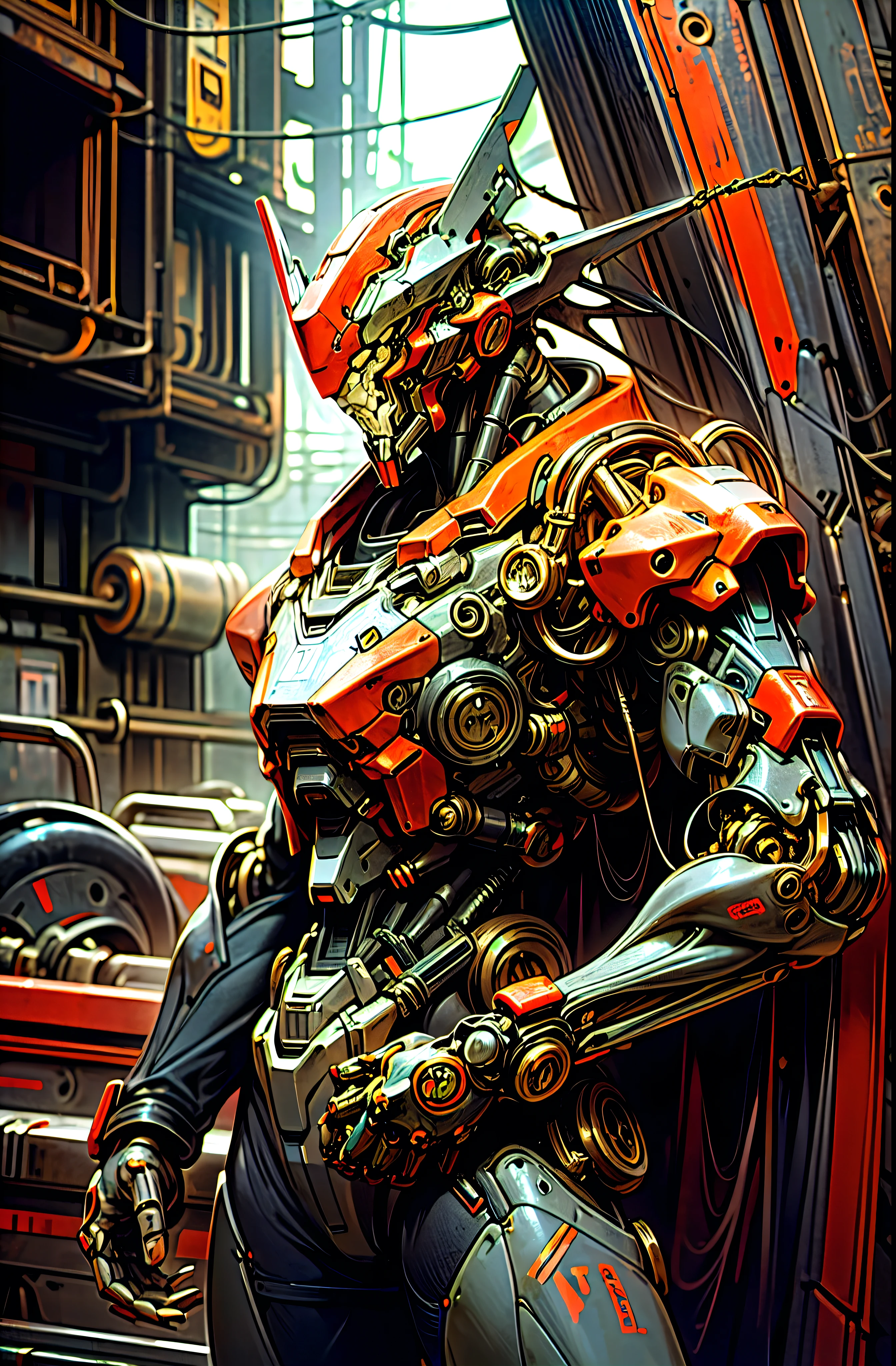 Dark_Fantasy,Cyberpunk,(chain saw,chain saw man,Red:1.1),1man,Mechanical marvel,Robotic presence,Cybernetic guardian, wearing a worn-out mech suit, intricate, (steel metal [rusty]), elegant, clear focus, shot by greg rutkowski, soft lighting, vibrant colors, masterpiece, ((street)), cowboy shot, dynamic pose,