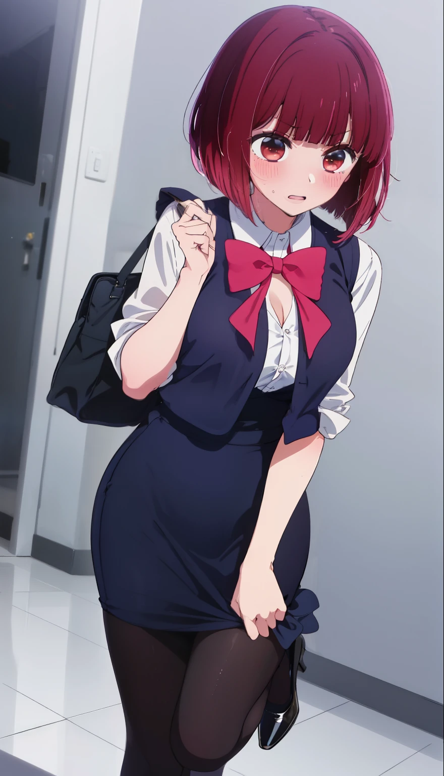 highest quality, Flying debris、Beautiful woman、Office Lady、Black Hair、(Brown eyes、Big Breasts、Blunt bangs)、short hair、Dark blue checked office suit)、new employee,Full Body Shot、Female office lady、break(Dark blue checked vest、White dress shirt、Navy blue mini tight pencil skirt:1.2)、(Black Pantyhose、garter belt、High heels)、break(office:1.3)、Cleavage、Shirt buttons fly off、Absolute area、Blushing、Embarrassed、Standing posture、Open your mouth、Exposing the breasts、Bare your breasts、No panties、No bra、Nipples are visible、Expose the nipple、20-year-old
