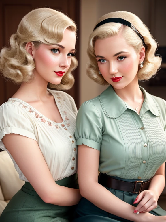 American fashion for women in the 1930s, (Pale green short-sleeved shirt and red skirt), (Upright Pin Curl Hairstyles), (Blonde Hair), (Living Room Background), elegant, Very detailed, Retro pinup style、Digital Painting, Smooth,Charlie Bowter and Alexandra Fomina,8k,((Detailed facial features)),((Retro advertising illustrations)),8K Ultra HD,Digital SLR,Soft lighting,high quality,Film Grain,Fujifilm XT3,