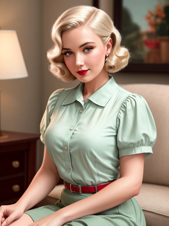 American fashion for women in the 1930s, (Pale green short-sleeved shirt and red skirt), (Upright Pin Curl Hairstyles), (Blonde Hair), (Living Room Background), elegant, Very detailed, Retro pinup style、Digital Painting, Smooth,Charlie Bowter and Alexandra Fomina,8k,((Detailed facial features)),((Retro advertising illustrations)),8K Ultra HD,Digital SLR,Soft lighting,high quality,Film Grain,Fujifilm XT3,