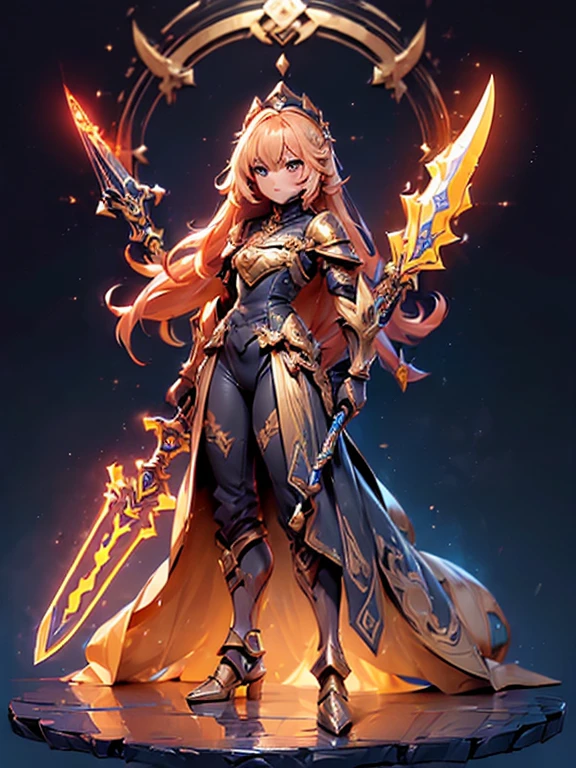 Design a layout showcase Gaming character, (1girl). Golden+Purle clothes, stylish and unique, ((showcase weapon:1.4)), magic staff, (masterpiece:1.2), (best quality), 4k, ultra-detailed, (Step by step design, layout art:1.5), (luminous lighting, atmospheric lighting), magican, ((glove full hands)), (((revealing clothes:1.3))), vambraces, armored legwear, (((full_body_shot:1.4)))