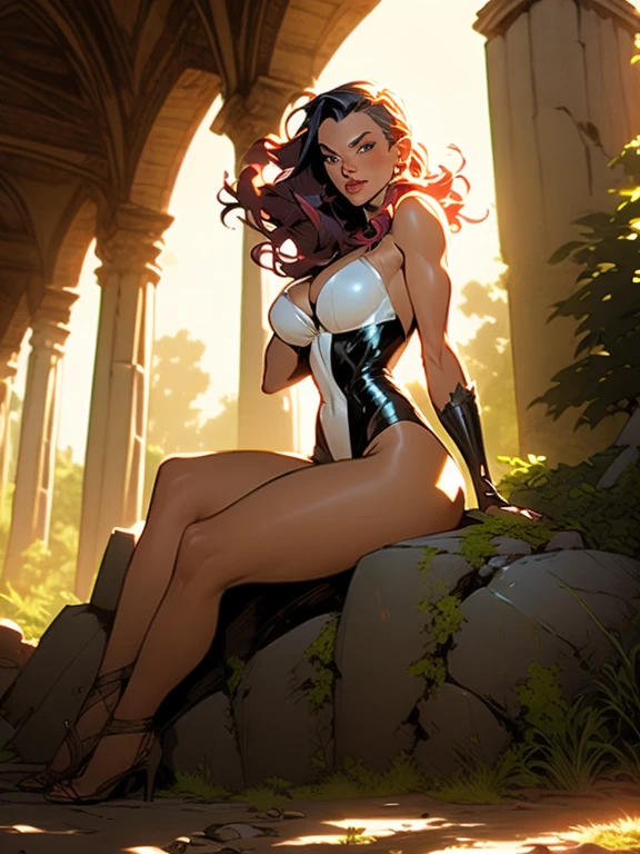 Emma Frost, the White Queen of Marvel, is together with Madelyne Pryor the Goblin Queen and Psylocke of Marvel is with them, they are sexy and seductive, with lascivious and provocative appearance, Goblin Queen of the X-Men is sitting in an ancient ruin, Psylocke is standing, Emma Frost is standing sensually leaning against an ancient ruin, they are sensualizing. Topless, big breasts. Ancient ruins from bygone eras, parasitic plants, large rocks, strong shadows.