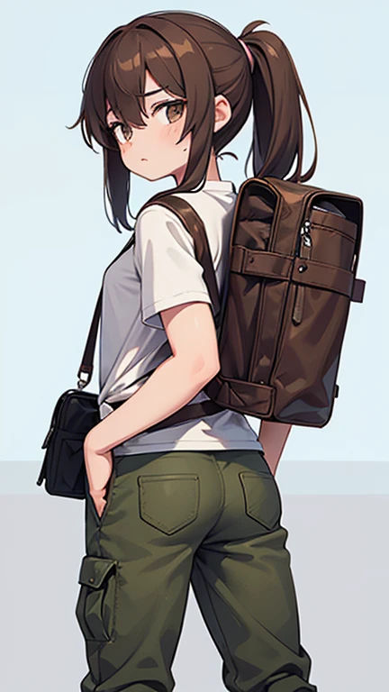 Two characters in a scene boy and girl (absolutely identical twins brother and sister)with the same cute beautiful girlish features, The first character is a handsome, modest, round-faced, brown-eyed boy with an ideal masculine physique., with semi-long brown hair tied in a ponytail, Military style (marsh color T-shirt, military style trousers with patch pockets, massive high infantry boots, backpack), and the second character is strong, very muscular feminist girl with aesthetic small breasts, with very tousled shaggy semi-long brown hair, hair between the eyes, Brown eyes, beautiful face, an athlete with well-developed proportional muscles, khaki racer jersey(absolutely no bra), military style trousers with patch pockets, massive high infantry boots, backpack; talk to each other, different emotions, free pose, free interaction with each other, against the backdrop of the realistic nature of central Russia