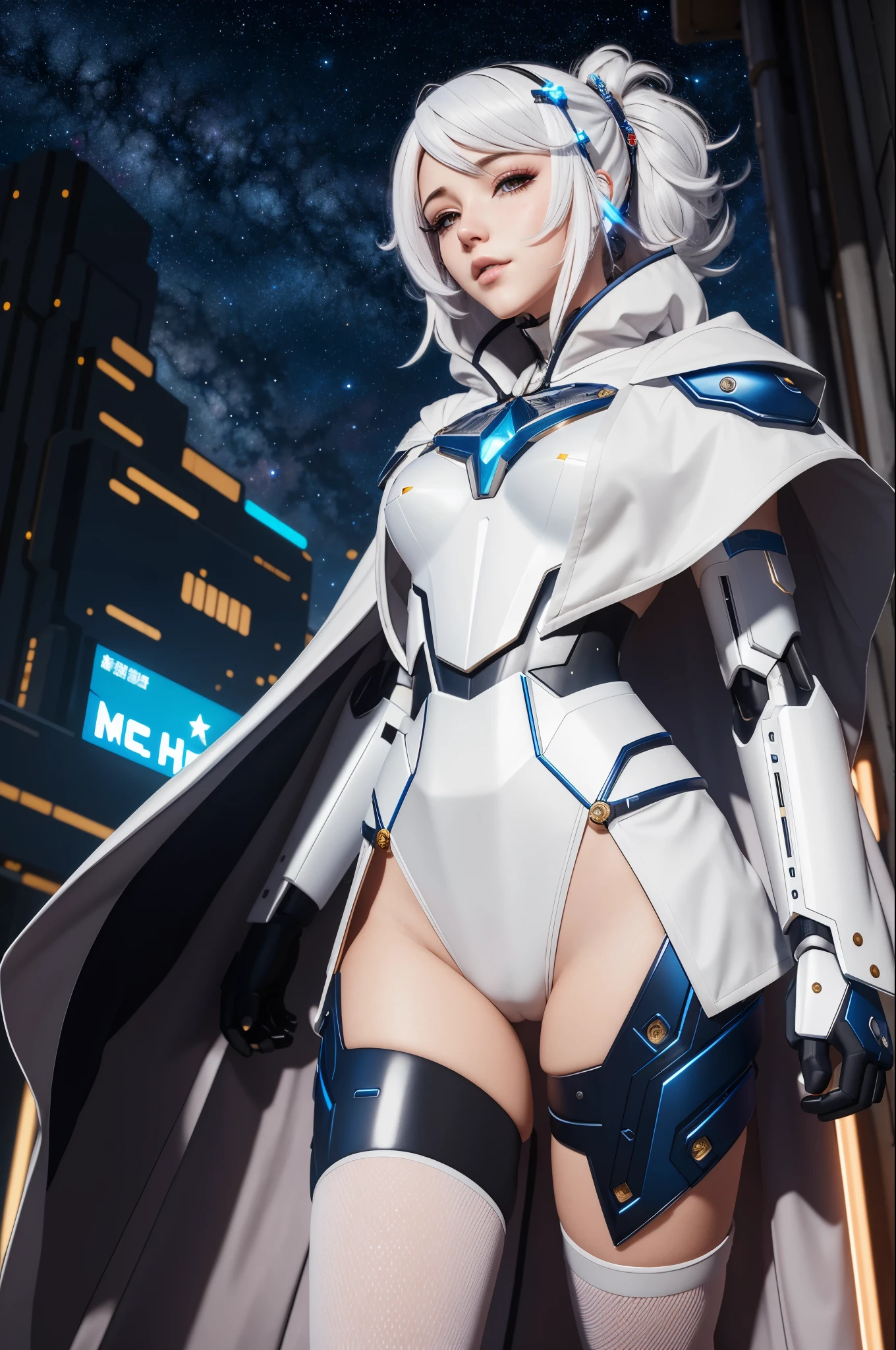 masterpiece, best quality, 4k, mecha, starry,sky, star \(sky\), cape, hair ribbon, slim legs, hood, long hair, white hair, cyberpunk, depth of field,