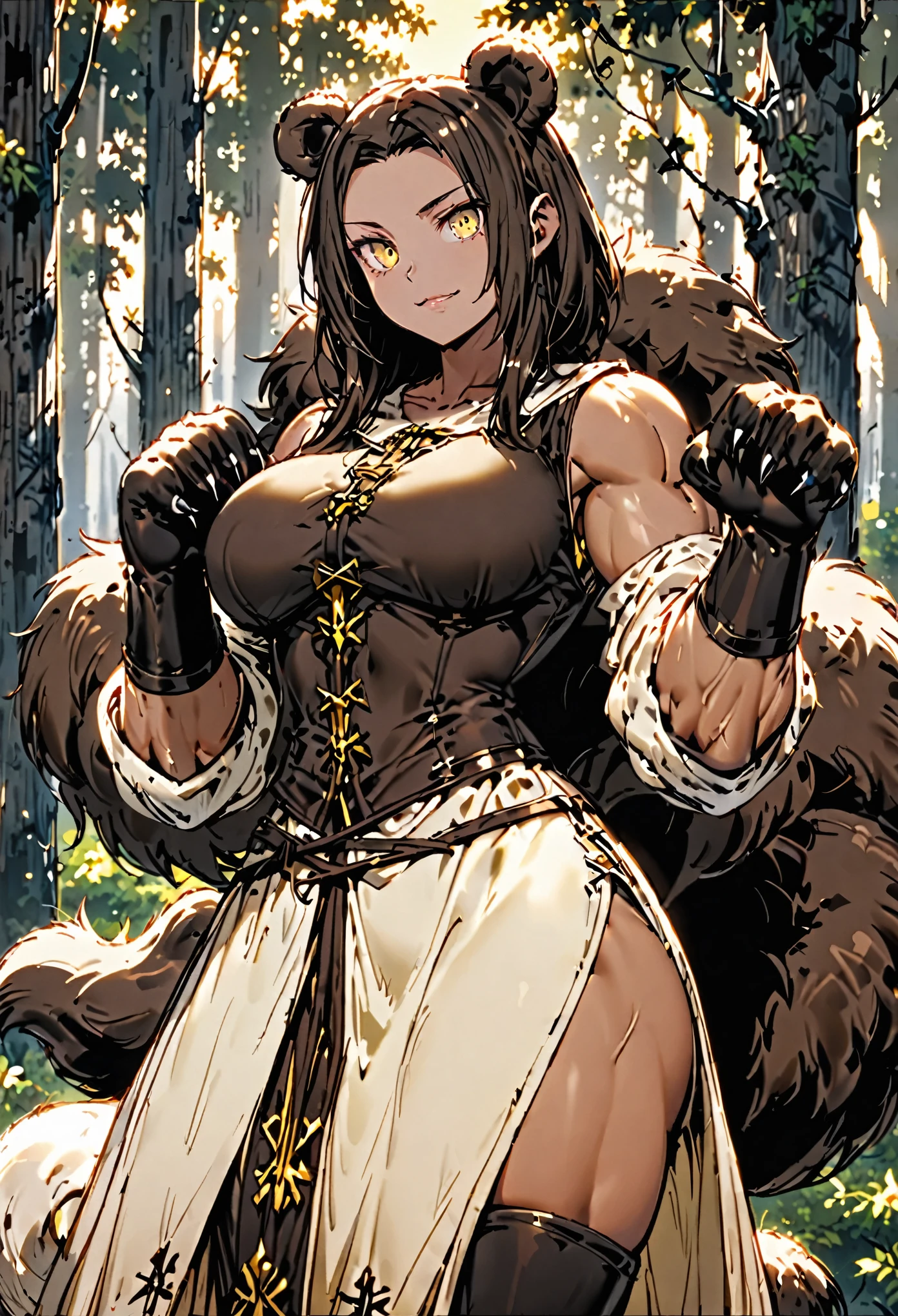 solo:1.4, female, sfw, medium shot, dark brown hair, short hair, yellow eyes, slit pupils, Smooth skin, creamy complexion with a golden undertone, Athletic, toned, broad shoulders, very strong, Visible veins and muscle fibers, thick fur, velvety fur, dark brown and white fur, dark brown bear tail, dark brown fur on foreams:1.3, forest, gentle smile, abs, claw hands, dark brown furred hands, animal hands:0.9, medieval clothes, dark brown ears, bear ears, very large woman, very tall woman