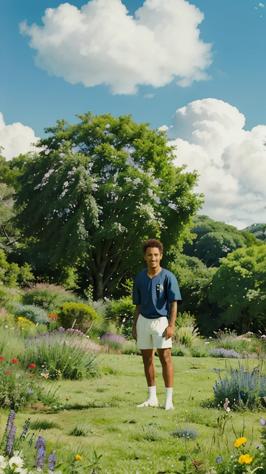 Neymar is standing in front, em primeiro plano, with a serene expression and a subtle smile on his face. The illustration style is characteristic of Studio Ghibli, com Neymar em destaque e os detalhes da paisagem em segundo plano. O fundo retrata uma exuberante natureza: Leafy Trees, colorful flowers and a clear blue sky with fluffy clouds. The vegetation is detailed and almost magical, com folhas e flores que parecem ganhar vida. The overall atmosphere of the picture is peaceful and charming, conveying a feeling of harmony with nature, com Neymar como ponto focal