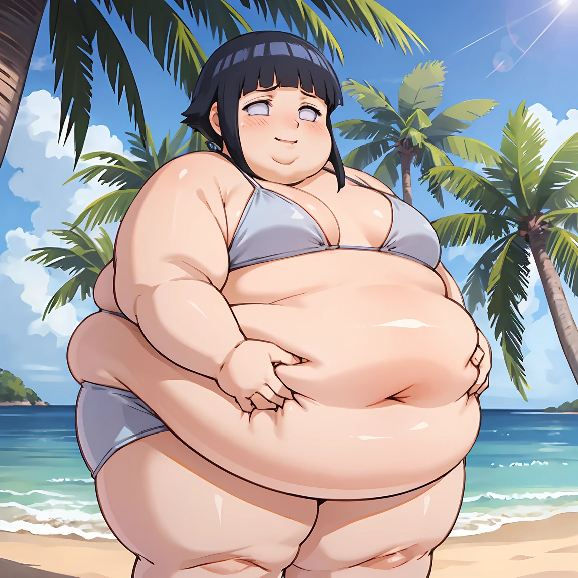 standing, shy, happy, blush, 1girl obese, obese hyuuga hinata, thick thighs, fat face, big cheeks, fat belly, small fat neck, fat arms, black hair, white eyes, no pupils, small breats, bikini, ultra detailed, tropical beach, orange sushine, masterpiece, best quality, aesthetic, detailed