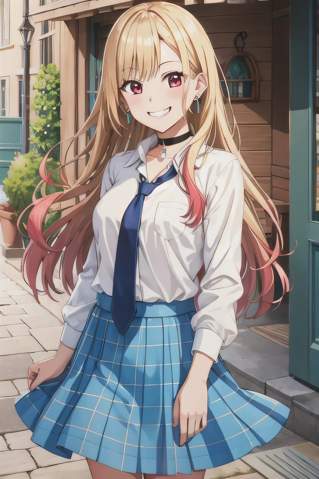 masterpiece, highest quality, High resolution, kitagawa marin, One girl, Blonde Hair, Long Hair, Multicolored Hair, Red eyes, jewelry, Earrings, Earrings, , White shirt, tie shirt, Black choker, Blue tie, Checked skirt, Grin, smile, Are standing, Cowboy Shot, Outdoor, Blue Skirt  