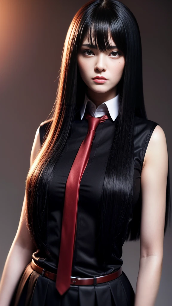 pretty, young, girl, long hair, black hair, (((red eyes))), bangs, (dark shirt), sleeveless, white collar, red tie, small breast, black gloves, black skirt, upper body, white skin, 18 year old, beauty, 1 girl, slender, extremely beautiful face, exquisite face, intimidating look